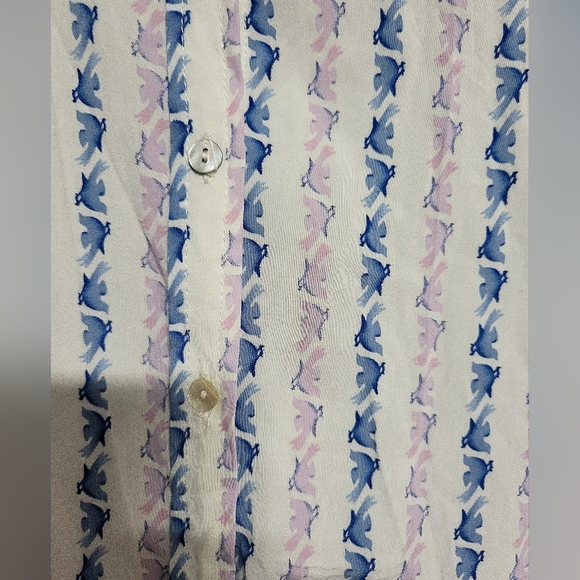 Jane and Delancy-White Rayon Button-Up Shirt with Blue and Purple Birds- Size M - Picture 3 of 7